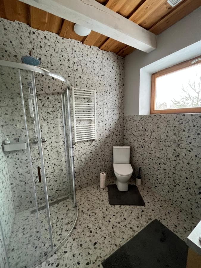 Vonios kambarys su dušo kabina ir modernia plytelių apdaila