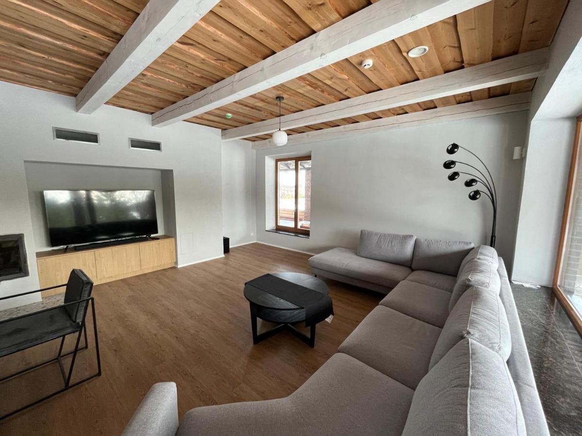 Svetainės zona su televizoriumi, sofa ir langais į lauką